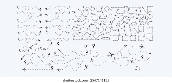 Airplane Route Dotted Line.  travel, location pins, map pins. Plane, airplane, aircraft paths. Vector illustration EPS 10 