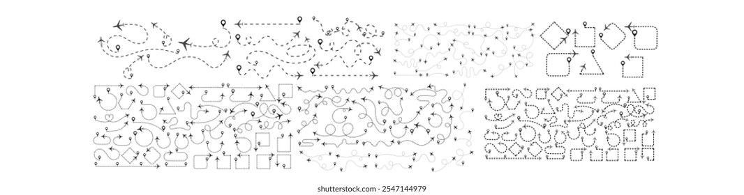 Airplane Route Dotted Line.  travel, location pins, map pins. Plane, airplane, aircraft paths. Vector illustration EPS 10