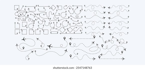 Airplane Route Dotted Line.  travel, location pins, map pins. Plane, airplane, aircraft paths. Vector illustration EPS 10