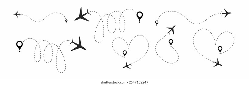 Airplane Route Dotted Line.  travel, location pins, map pins. Plane, airplane, aircraft paths. Vector illustration EPS 10