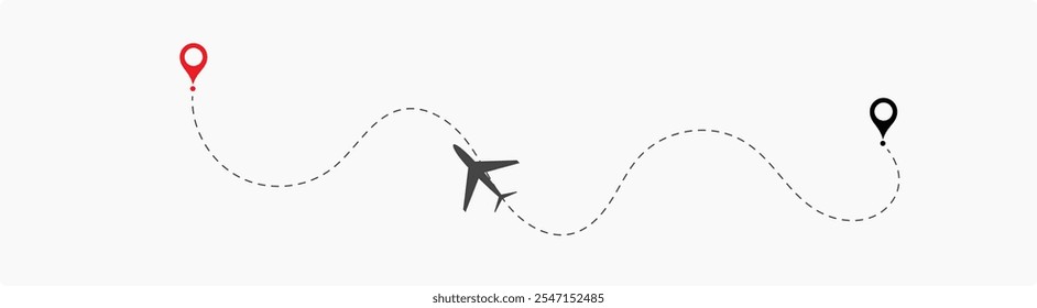 Airplane Route Dotted Line.  travel, location pins, map pins. Plane, airplane, aircraft paths. Vector illustration EPS 10