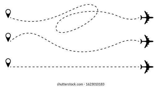 Airplane route dotted lines. plane track Vector illustration