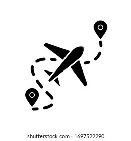 Airplane route flat design long shadow glyph icon. Plane destination with GPS pointer. Location for aeroplane arrival. Silhouette symbol on white space. Vector isolated illustration