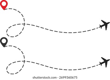 Conjunto de iconos de ruta de avión y ruta de vuelo. Logística de viajes y símbolos de seguimiento de destinos. Símbolo de planificación del viaje. línea punteada de ruta de vuelo del avión