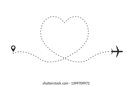 Airplane route in heart shape. Romantic travel concept. Travel and tourism concept, background with start point, airplane and dashed line trace. Vector