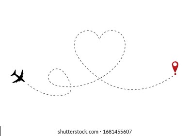 Airplane Route In Heart Shape. Romantic Travel Concept. Flying Plane And Take-off Point With The Heart-shaped Trail Between Them.