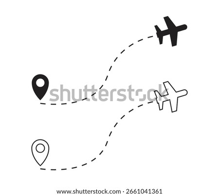 Airplane route icon with dotted line and location pins for travel planning