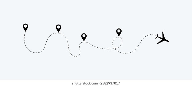 Airplane Route Icon Set. air plane reach in the destination. air plane route. airplane location. destination. Airplane line path vector design.