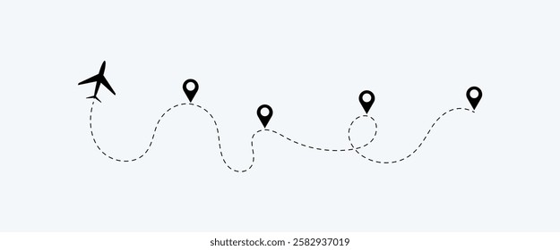 Airplane Route Icon Set. air plane reach in the destination. air plane route. airplane location. destination. Airplane line path vector design.