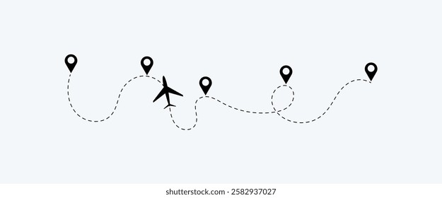 Airplane Route Icon Set. air plane reach in the destination. air plane route. airplane location. destination. Airplane line path vector design.
