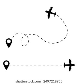 Symbole für Flugstrecken. Flugwegvektor. Gepunktete Fahrlinien. Schwarz-Weiß-Design.