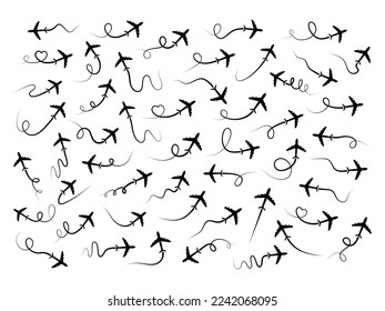 Airplane route in line path collection. Flying air plane set. Vector isolated on white.