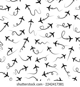 Airplane route in line path seamless pattern. Flying air plane set. Vector isolated on white background.