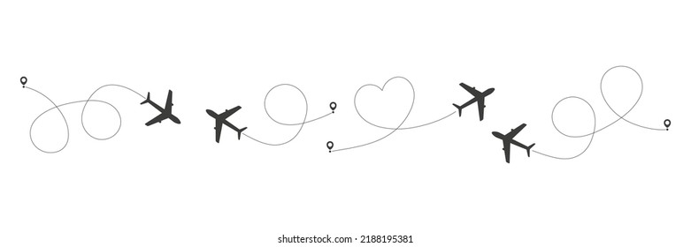 Airplane route in line path set. Flying air plane with start pin pointer collection. Vector isolated on white.