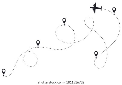 Airplane route line. Plane dotted route, airplane destination track, plane traveling destination pathway, plane travel map vector illustration. Location points with dashed itinerary