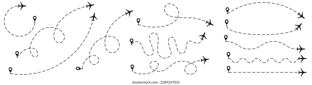 Airplane route line set with dotted flight paths, start points, and location pins for travel and navigation designs