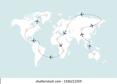 Airplane route line and travel routes. Aviation track path on world map.