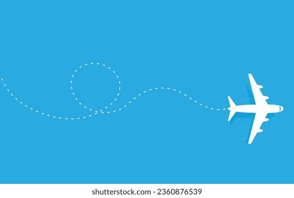Airplane route on blue background. Travel from the start point along the dotted line. Vector illustration.