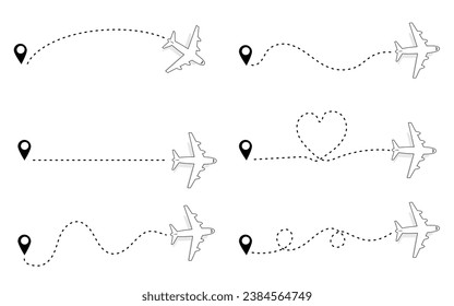 Ruta del avión sobre fondo blanco. Viaje desde el punto de partida a lo largo de la línea de puntos. Seguimiento de aeronaves y pines de localización Ilustración de vectores.