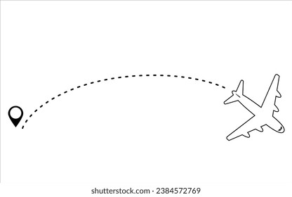 Airplane route on white background. Travel from the start point along the dotted line. Aircraft tracking and location pins Vector illustration.