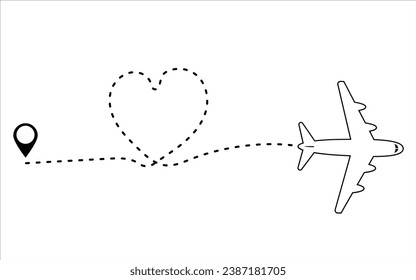 Airplane route on white background. Travel from the start point along the dotted line. Aircraft tracking and location pins, love,  Vector illustration.