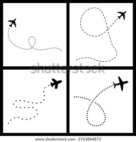 Airplane Route Path Collection Vector Set Travel Flight Dotted Line Journey Minimal Clean Design Landscape