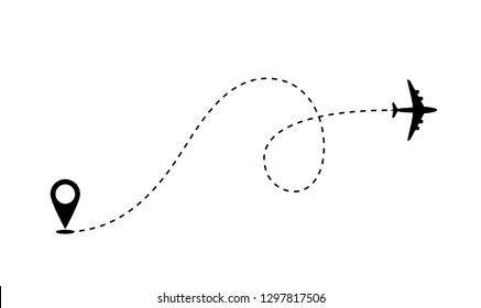 Airplane route path icon. Vector plane flight line trace, travel fly plan.
