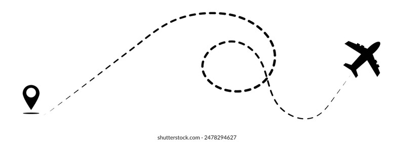 Airplane route path icon. Vector plane flight line trace, travel fly plan on white background.