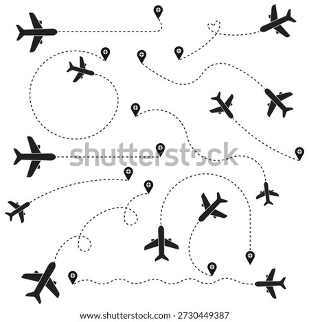 Airplane route pattern with dotted flight paths and location pins. Seamless aviation travel illustration for navigation and journey concepts. Clean minimal vector for transport and tourism design.