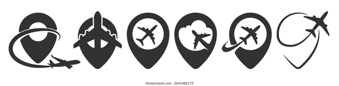Airplane Route Pin Icon Set. Modern Travel Flight Tracking Logo Vector on Transparent Background
