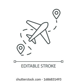 Icono lineal perfecto del píxel del avión. Destino del avión con GPS. La ubicación para la llegada. Ilustración personalizable en línea delgada. Símbolo de contorno. Dibujo de contorno aislado del vector. Trazo editable