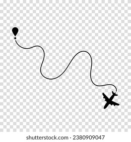 Airplane route plane path. Travel concept. Aircraft tracking. Vector illustration on a transparent background.