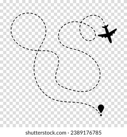 Airplane route plane path. Travel concept. Dotted path airplane. Aircraft tracking. Vector illustration on a transparent background.