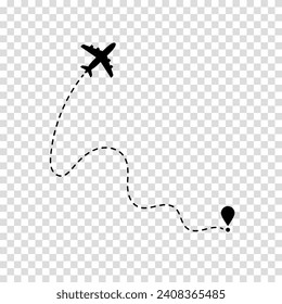 Airplane route plane path. Travel concept. Dotted path airplane. Aircraft tracking. Vector illustration on a transparent background.