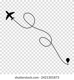 Airplane route plane path. Travel concept. Aircraft tracking. Vector illustration on a transparent background.