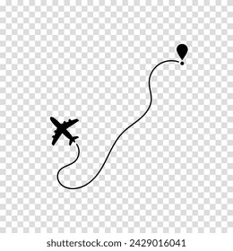 Airplane route plane path. Travel concept. Aircraft tracking. Vector illustration on a transparent background.