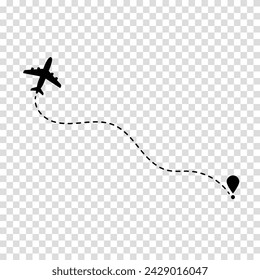 Airplane route plane path. Travel concept. Dotted path airplane. Aircraft tracking. Vector illustration on a transparent background.