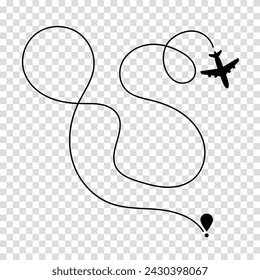 Airplane route plane path. Travel concept. Aircraft tracking. Vector illustration on a transparent background.