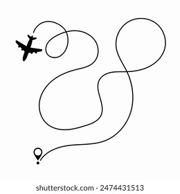 Airplane route plane path. Travel concept. Aircraft tracking. Vector illustration on a isolated white background.