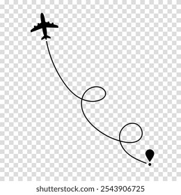 Airplane route plane path. Travel concept. Aircraft tracking. Vector illustration on a transparent background.