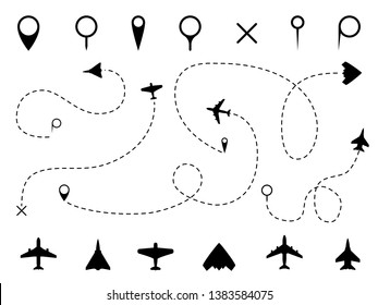 Airplane route. Plane trace line, aeroplanes pathways flight lines, planning routes travels pointers traffic fly track path vector set