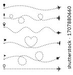 Airplane route set, dashed line trace and plane routes isolated on white. Plane line path, Aircrafts and pins symbols. Airplane directional pathway, map dotted trail and fly direction. Vector