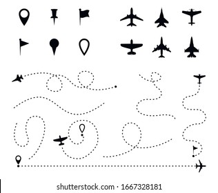 Airplane route set, dashed line trace and plane routes isolated on white. Plane line path, Aircrafts and pins symbols. Airplane directional pathway, map dotted trail and fly direction. Vector