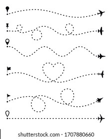 Airplane route set, dashed line trace and plane routes isolated on white. Plane line path, Aircrafts and pins symbols. Airplane directional pathway, map dotted trail and fly direction. Vector