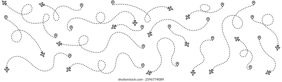 Airplane route set with dashed line trails, location, pins, dotted lines. Flight path tracking, map pins, travel routes and aircraft navigation. Vector illustration for infographics and maps