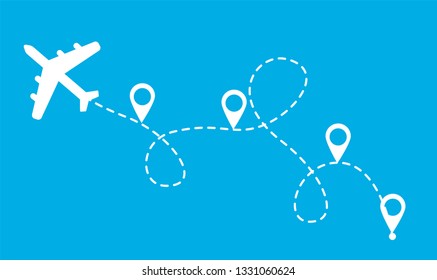 Airplane route throgh few cities, with white pins