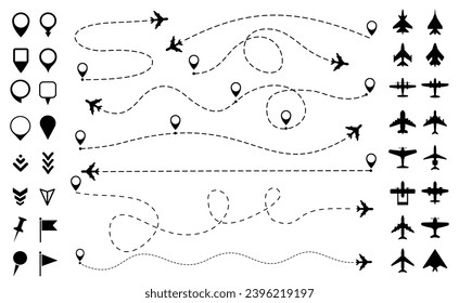 Airplane route travel track with GPS point set. Aircraft tracking, planes, map destination location pins collection. Line path icon set. Flight start point, tourism way – vector