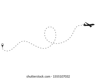 airplane route vector icon, air plane flight route with line trace isolated on white