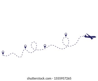 airplane route vector icon, air plane flight route with line trace isolated on white