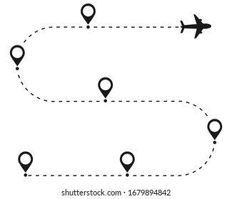 icono del vector de ruta del avión, ruta de vuelo del avión con trazas de línea aisladas en blanco